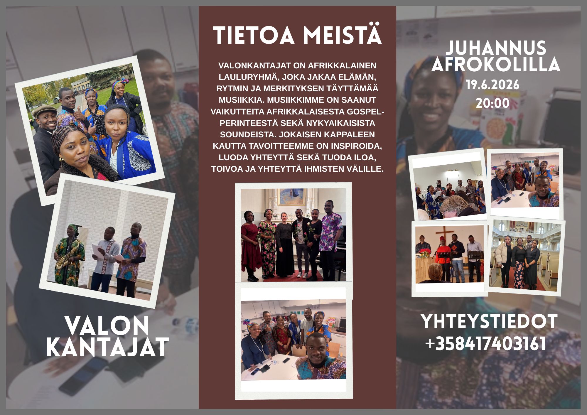 Valonkantajat music group poster for Juhannus AfroKolilla event on 19.6.2026 at 20:00.